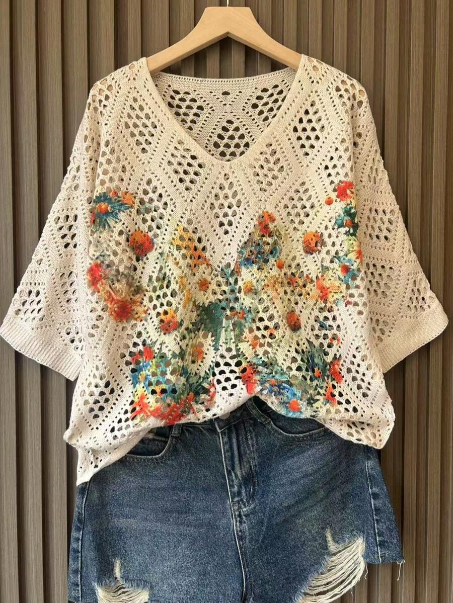 女士夏季度假花卉和树叶印花透明针织上衣 - 杏色 - 查看 1