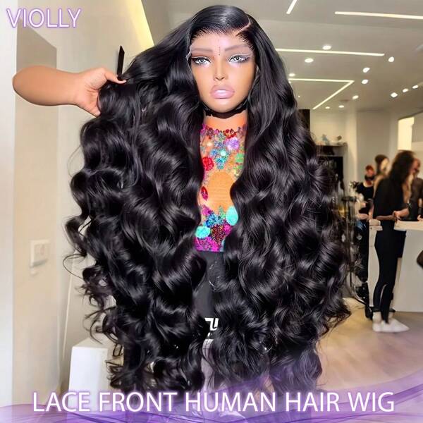 VIOLLY Peluca frontal de encaje Violly de onda corporal negra con una densidad del 200% de cabello humano mezclado, 13x4 13x6 para un área grande de encaje preplucked, para uso diario y de fiesta