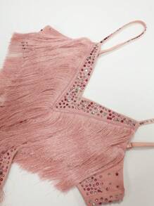 NIKBK 女士粉色舞台及演唱会吊带连体裤，饰有水钻，深V领，挂脖设计，腰部镂空，水钻饰边，流苏下摆，短款派对/夜店修身连衣裙，生日/情人节礼服 - 藕粉色 - 查看 9