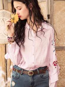 女士秋季刺绣前扣上衣，女士春夏装，波西米亚风长袖上衣，法式优雅女士衬衫，女士新年装