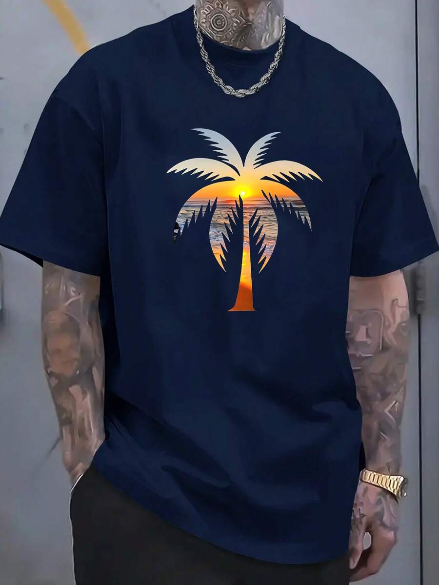 Couples, Gifts, Men's Tops, Women's Tops Fashion Letter Pattern Men's T-Shirt Pure Cotton Skin Comfortable , Suitable For Sports Out At Home Suitable For Lovers Loved Ones - Màu xanh hải quân - Xem 1