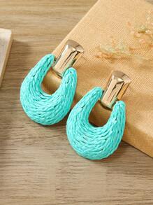 1 Pair Handmade Woven Raffia U-Shaped Bohemian Style Beige, Blue, Green, Purple Fashion Stud Earrings For Women, Suitable For Daily Wear