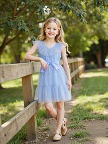 Toddler Girls' Tulle Dress - Star Print Sleeveless Pageant Gown With Belt  Wedding  Party Sparkle Trim - Blue - View 5