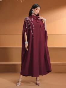 Damen Einfarbige Schleifenkrawatte, Stark bestickt mit Perlen, Schulter-Applikation elegantes arabisches Gewand (Abaya)