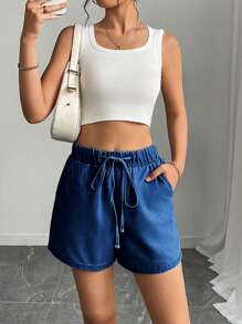 Mobula Sound# Sexy Music Festival Casual Vacation Stylish Fashion Elegant Elastic Waist Loose Women Blue Denim Shorts, Spring/Summer
