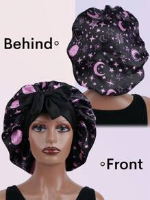 1 Stück Satin Bonnet mit Sternenmuster und Mond Personalisierung, breiter elastischer Satincap Nachtmütze
