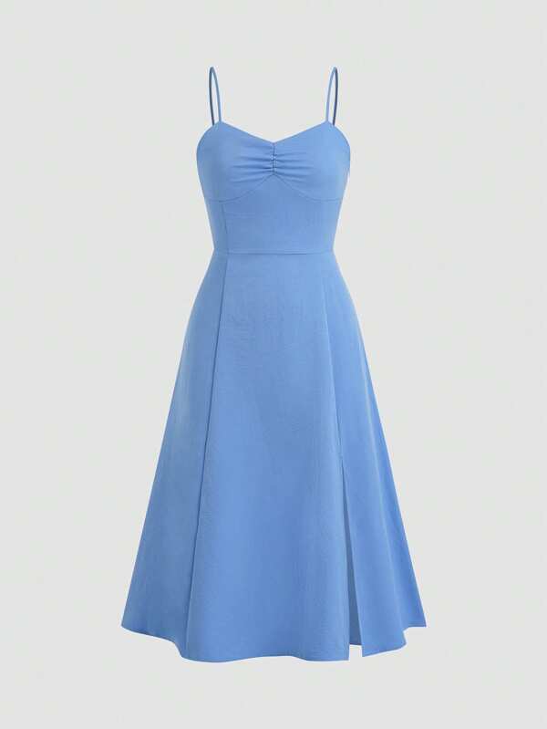 Summer Solid Color Casual Chest Pleated Twist Strap Dress