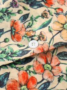 CMC Women's Floral Print Sleeveless Collared Shirt | Elegant Polyester Blouse | Vibrant Orange Green | Machine Washable | Spring/Summer Collection | Fashionable Button Design, Women's Shirt