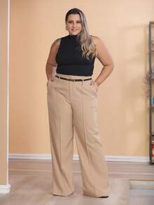 Plus Size Fashion Long Pants Without Belt And Pockets - Brown - View 1