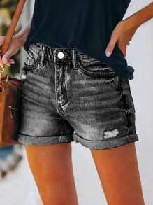 Jeans de mujer de estilo casual y sencillo de tipo desgastado, de un solo color lavado, con bajo suelto y versátil, de estilo de calle estadounidense nuevo para el verano