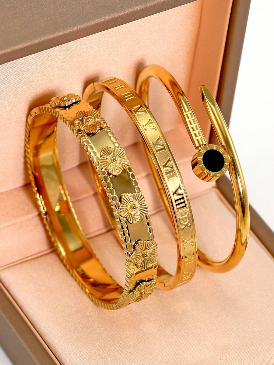 18K Gold Plated Stainless Steel Floral Bangle Bracelet, Suitable For Women's Daily Wear, Classic Flower And Roman Numeral Rivet Design, Waterproof, European And American Style, Casual, Wedding, Party, Valentine's Day Gift - Multicolor - View 1