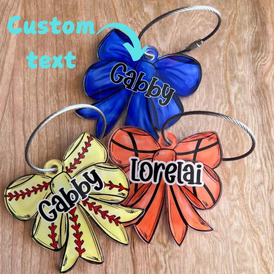 Personalized Sports Bag Charm, With Bow Charm, Cheerleader Tag, Cheerleader, Softball, Valentine's Ball, Basketball Gift, Basketball Souvenir, Valentine's Gift, Birthday Gift, Customized Acrylic Sports Keychain, Backpack Name Tag, Gift