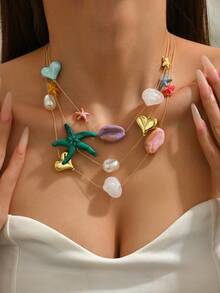 1 pezzo Collana da donna in stile spiaggia vacanze, con pendente multistrato in resina a forma di conchiglia, tartaruga marina e stella (colore accessori a caso) - Multicolore - Visualizzare 8