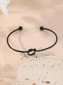 1 pieza Brazalete de bangle ajustable con nudo en forma de corazón, de estilo minimalista y elegante europeo y americano, adecuado para uso diario y de fiesta de las mujeres - Negro - Ver 4
