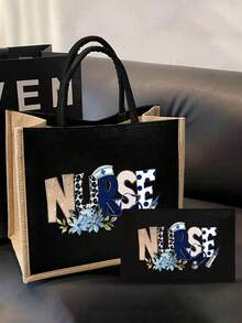 护士印花托特包，轻便购物袋，兼具便携旅行沙滩包和化妆包的功能，采用艺术字母和图案印花设计，适合女性日常使用，是一款便捷的购物袋。感谢老师的礼物，女士亚麻大容量手提包，手提包和化妆包套装，时尚亚麻托特包和化妆包 - 大容量，适合上班、上学或购物，姐妹、同事、朋友