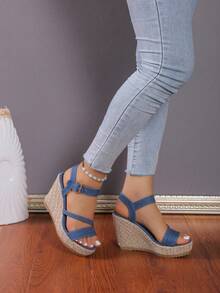 女士天蓝色简约厚底坡跟凉鞋，夏季亚麻编织细带透气凉鞋，沙滩、度假、沙滩高跟鞋、沙滩休闲女凉鞋，时尚法式优雅高跟女凉鞋，韩式踝带性感高跟女凉鞋，派对风格女凉鞋 - 藍色 - 查看 7