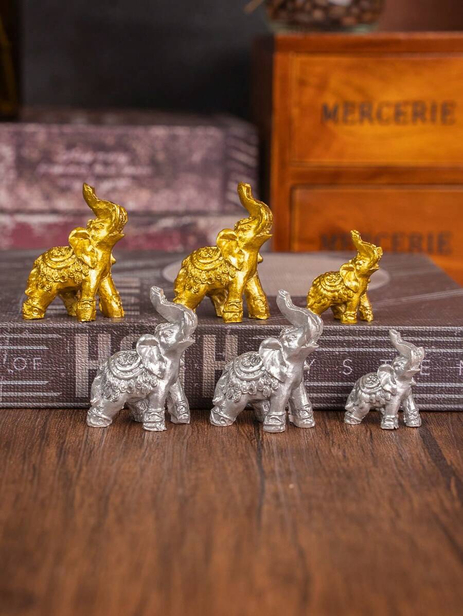 3pcs Creative Cute Mini Golden Parent-Child Elephant Resin Decor, Suitable For Holiday Gifts, Home & Office Birthday Graduation