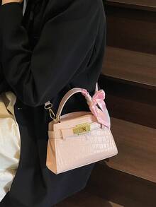 Luxury Crocodile Embossed Women's Handbag, Exquisite Fashion Metal Decor, Adjustable Shoulder Strap Crossbody Bag, Minimalist Style Strap Decor Commuter Bag, Magnetic Closure, Multi-Functional Lightweight Tote Crossbody Bag, Fashion Scarf Decor Design Handbag, Suitable For Gifts, Shopping, Dates, Business Travel, Vacation And Other Occasions. , Pink - Pink - View 5