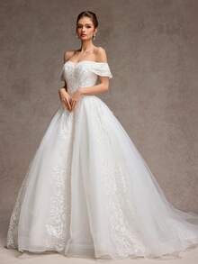 露肩亮片蕾丝薄纱 A 字型婚纱，长款蓬松新娘礼服，适合婚礼、派对、舞会、新娘 - 白色 - 查看 2