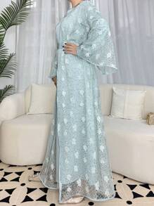 Conjunto de 2 piezas con chaqueta de encaje floral elegante y modesta y vestido de cuello redondo liso, para fiestas de lujo, días festivos y uso en casa