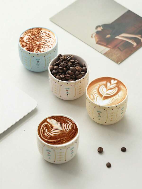 4-1 طقم أكواب قهوة، أكواب شاي خزفية، أكواب شاي صغيرة، أكواب على الطراز الشرق أوسطي، أكواب صغيرة جذابة للشاي الأسود واللبن والعصير والقهوة التركية والعربية واللاتيه والأمريكانو والمشروبات، مناسبة للمنزل والمطبخ والمطعم والأعياد والإفطار والعشاء وحاويات المشروبات وأدوات المائدة المدرسية