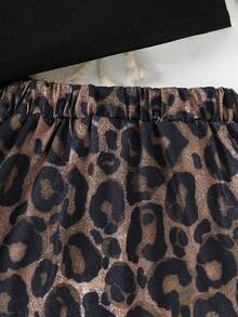 2pcs/Set Young Girls Summer Simple Solid Ribbed Hollow Design Sleeveless Crop Top + Minimalist Leopard Print Mini Skirt - Black - View 5