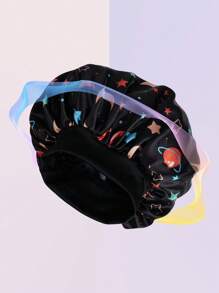 1 Stück Satin Bonnet mit Sternenmuster und Mond Personalisierung, breiter elastischer Satincap Nachtmütze