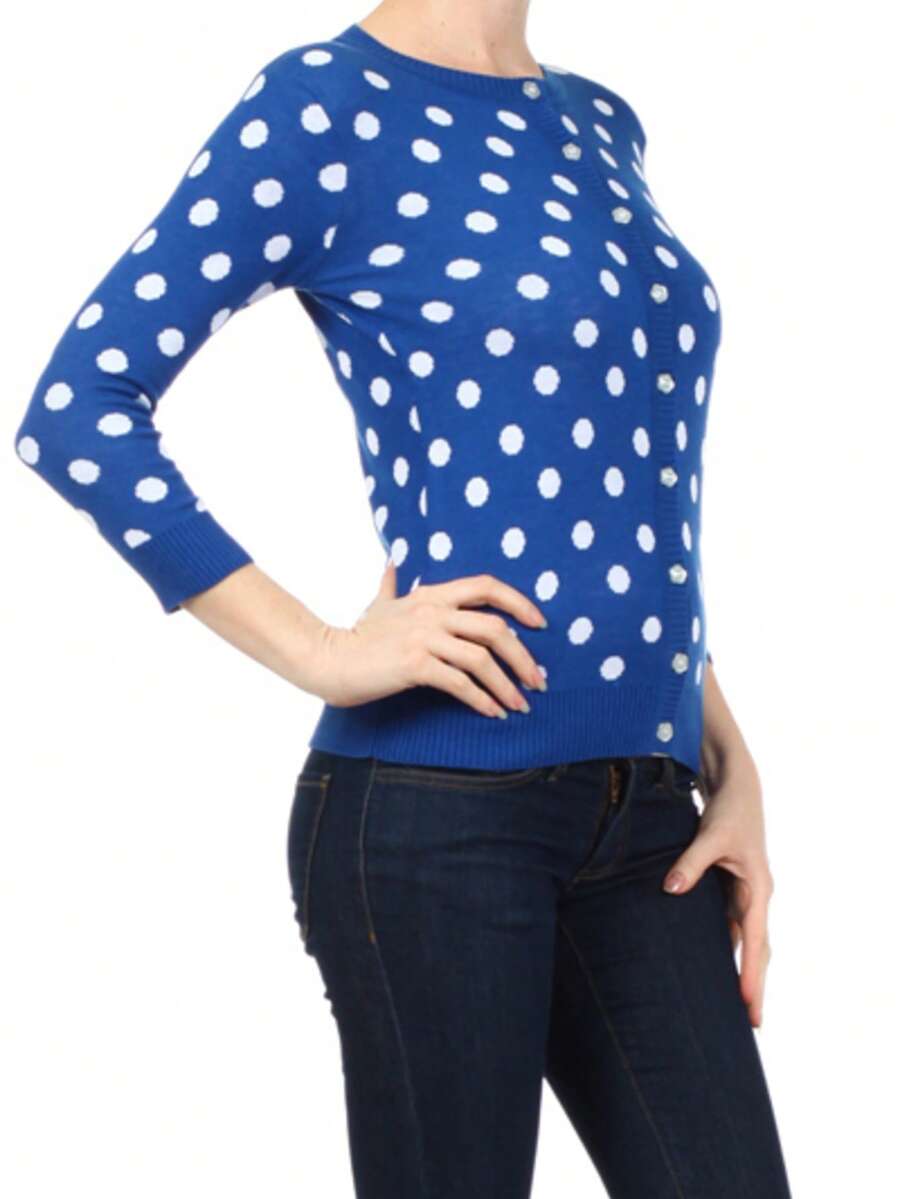 Women's Knit Cardigan Sweater Casual Lightweight Long Sleeve Crewneck Button Down Polka Dot Jacquard Knitted Top YEMAK - 寶藍色 - 查看 1