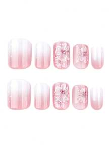 24 件短方形法式假指甲，粉色和白色渐变花朵指甲精致优雅指甲，全覆盖可拆卸女士美甲套装，适合派对舞蹈日常佩戴按压指甲美甲用品指甲 - 粉色 - 查看 5