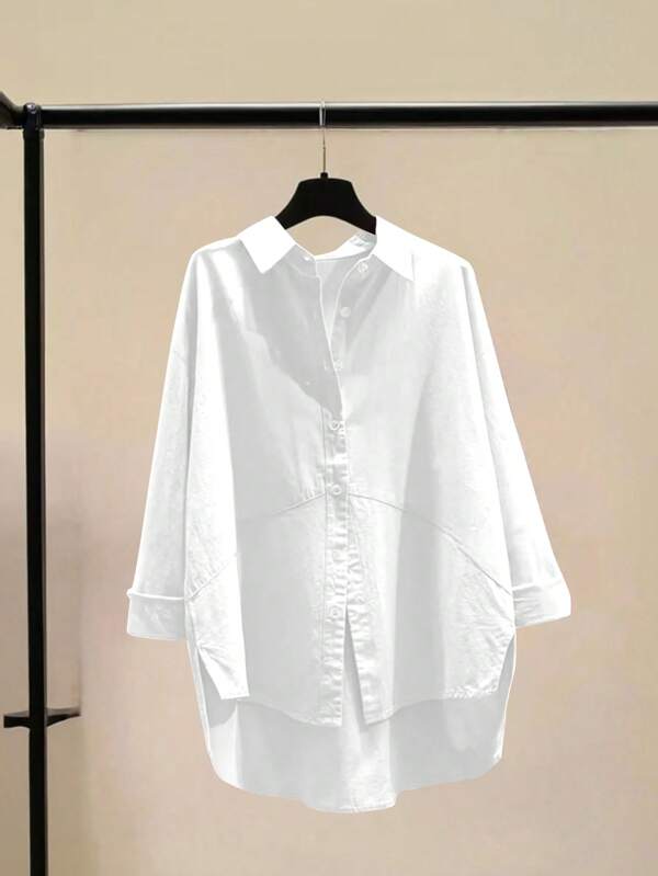 Koszula damska w dużym rozmiarze, prosta, w jednolitym kolorze, z asymetrycznym dołem i długim rękawem, zapinana na guziki, swobodna, odpowiednia na codzienne wyjścia, podróże, brunch, przyjęcie w ogrodzie, dojazdy do pracy, do biura, na lotnisko, na wiosnę/lato i wiosnę/jesień