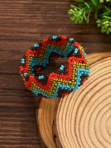 1pc Bohemian Style Beaded Elastic Bracelet For Women (Bead Color And Floral Pattern May Vary Slightly)