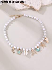 1pc Girls Seashell, Starfish & Pearl Beaded Necklace, Holiday & Daily Wear Decor - Multicolor - View 6