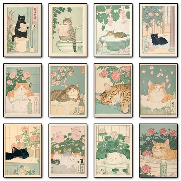 1pc/3pcs Wall Arts Posters Optional Frame/ Framed Animals Japanese Tabby Cat In Bathtub Poster Prints Canvas Painting Retro Aesthetic Wall Art Picture Japandi Bathroom Toilet Home Decor