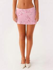 Womens Sequin Beaded Mini Skirt Y2k Sparkly Floral Low Rise Bodycon Short Skirt Pearl Embellished Slim Fit Pencil Skirt Micro Skirt Bling Glitter Rhinestone Going Out Skirts Party Club Streetwear - 粉色 - 查看 3