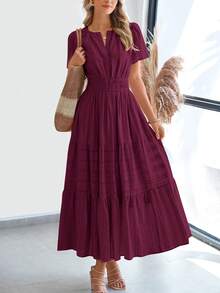 Womens Summer Maxi Dresses Short Sleeve High Waist Tiered Flowy A-Line Boho Bohemian Beach Long Dress Holiday Vacation Beach Valentine Long Dress Outfit - 酒紅色 - 查看 3