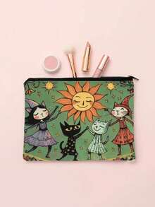 魔法森林之夜化妆包 - 万圣节礼物 - 深绿色包，带有异想天开的女巫、猫和月亮设计，拉链袋可容纳化妆品、铅笔或零食 - 送给姐妹、学生和成人的完美礼物，多用途袋 | 天体艺术 | 耐用拉链封口，大号化妆包