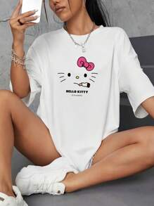 Sanrio 1 Pc Hello Kitty Women Casual Cartoon Print Round Neck Short Sleeve T-Shirt Graphic Shoulder Tees Women Tops Loungewear Base Layers Summer Outfits For Women