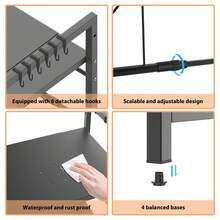 VickyHome 1-2Tier Adjustable Heavy Duty Shelving Microwave Rack Horizontal Extension Kitchen Shelf Tableware Storage Stand Organizer With 6 Hooks For Home Office Carbon Black - 60x26x75cm - 查看 3