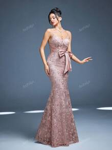 Vestido Longo Sereia Anpoket com Decote em V, Novo Lançamento, Doce Vestido para Dama de Honra, Franzido, Laço, Renda Contrastante, Corpete Justo