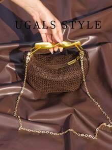 Bolso de lujo para mujer, estilo trenzado para vacaciones, banquete, con asa de metal ondulada, media luna, perfecto para vacaciones, fiestas, bodas, banquetes, se puede combinar con vestido de novia, vestido diario, vestido de fiesta, vestido de cumpleaños, vestido de fiesta para mujer