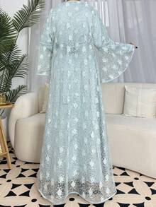 2 件套低调优雅的花卉蕾丝夹克和纯色圆领连衣裙套装，奢华时尚派对、节日、家居长袍套装