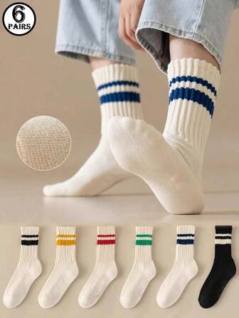 6 Pairs/3 Pairs Multi-Color Mid-Calf Socks | Sports Socks Suitable For Matching | Thick Striped Crew Socks | Beige Solid & Striped Versatile Socks | Suitable For Travel, Sports, Home Wear | Also Great For Holiday, Birthday Party Gifts | Please Note: Fits Up To 26cm Foot Size | Slight Color Difference Due To Lighting In Photos