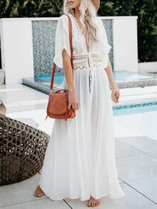 Summer Beach Cardigan, Bamboo-Joint Lace Patchwork Waist Flower Edge Beach Sun-Protective Cardigan - White - View 1