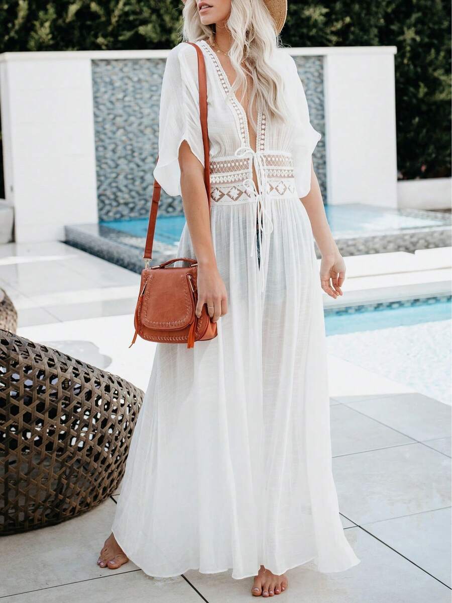 Summer Beach Cardigan, Bamboo-Joint Lace Patchwork Waist Flower Edge Beach Sun-Protective Cardigan - White - View 1