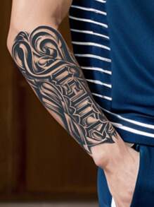 1 pieza Tatuaje temporal al estilo occidental inglés, tatuaje semipermanente, a prueba de agua y sudor, dura de 1 a 2 semanas, realista, con jugo de hierbas, anti-fricción, sin reflejo, falso negro, tatuajes falsos para mujeres y hombres, pegatinas de tatuaje para brazo, pecho, pierna, abdomen, cintura, dedo, cuello, espalda, arte corporal modernista