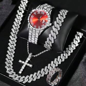 A Deluxe Set Of 5 Pieces Of Men's Luxury Crystal Quartz Watches, With A Cross Pendant Necklace And Bracelet, A Hip-Hop Men's 15mm Cuban Chain - The Perfect Gift For Him On Father's Day, Valentine's Day, Easter, Birthday, And Christmas