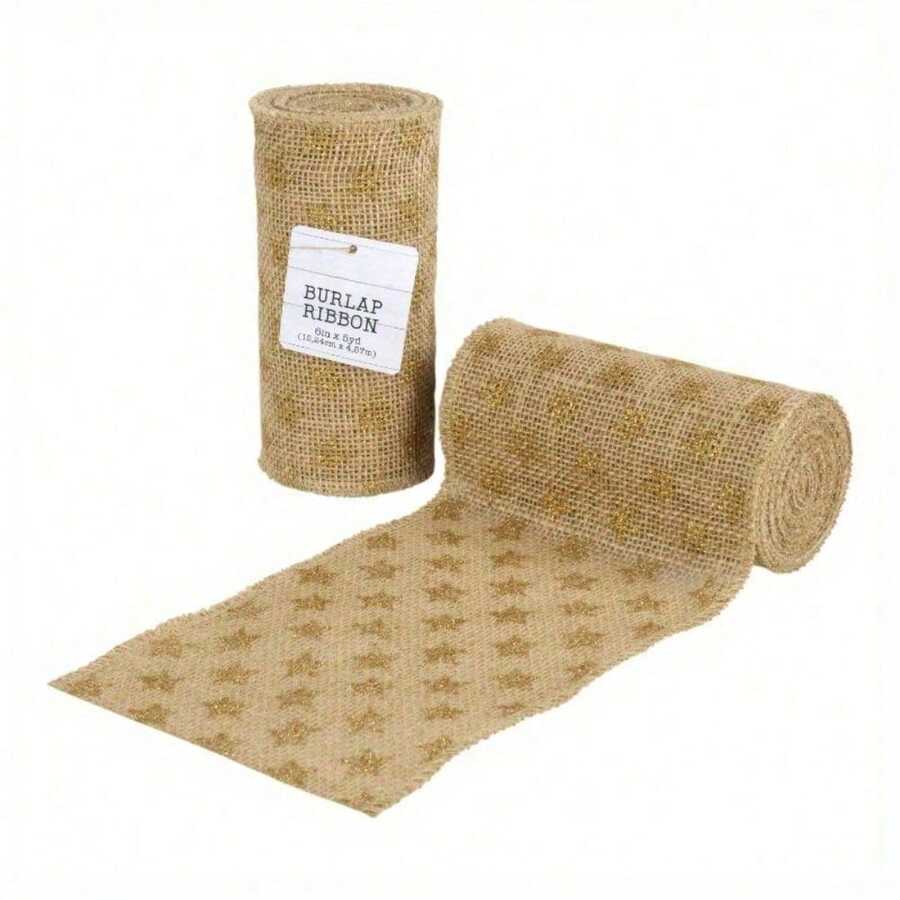 Jute Burlap Roll Precut, Finished Edges, 6"W X 5-Yards, 740-27, Brown/Gold Star Glitter - Jute - View 1