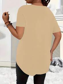 New Casual Plus Size Solid Color V-Neck Button Short Sleeve Top Summer - Khaki - View 2