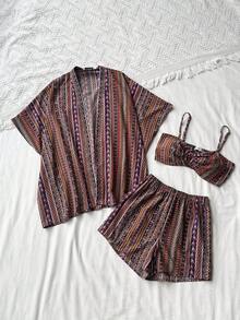 Rusttydustty Completo casual da donna in tre pezzi, stile boho, adatto per vacanze, spiaggia, festival musicali alle Hawaii, vacanze tropicali - Multicolore - Visualizzare 5