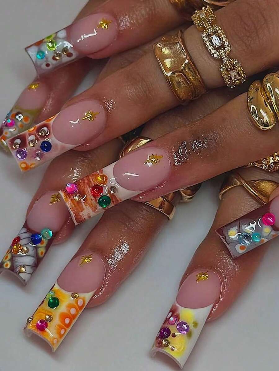 24 Pcs Long Square Detachable Portable Press On Nails Gift Box, Cool And Spicy White Rice Dumpling Color-Matching Crocodile Pattern Seven-Color Round Diamond Golden Star Personalized Gift, Essential For Banquets, Dusk Sunset Wave French Edge Fashionable Matching Detachable Nail Art With 1 Piece Of Jelly Glue And 1 File Strip Nail Supplies Nails - Multicolor - View 1